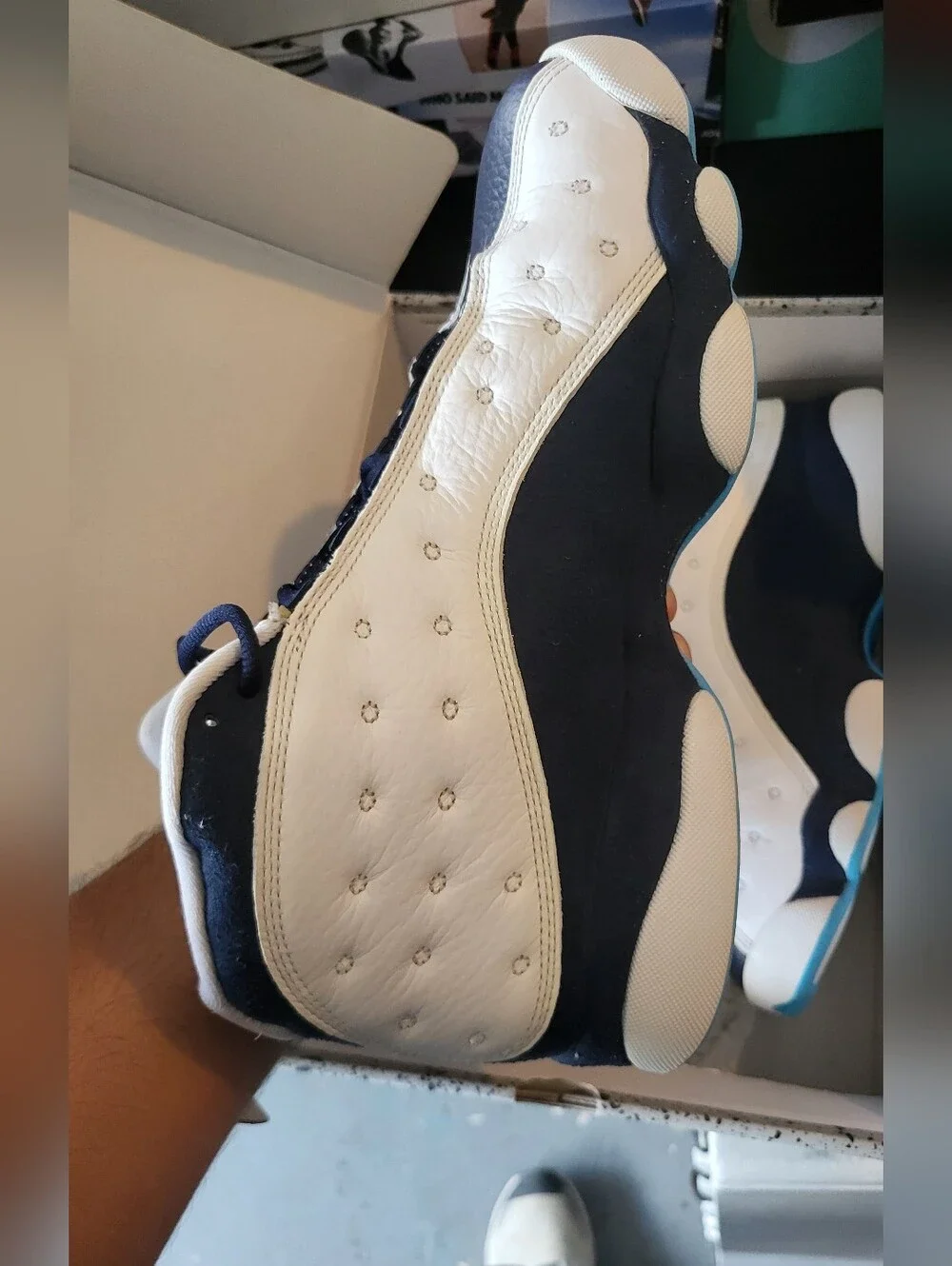 White and Navy Retro Basketball Sneakers with Teal Accents